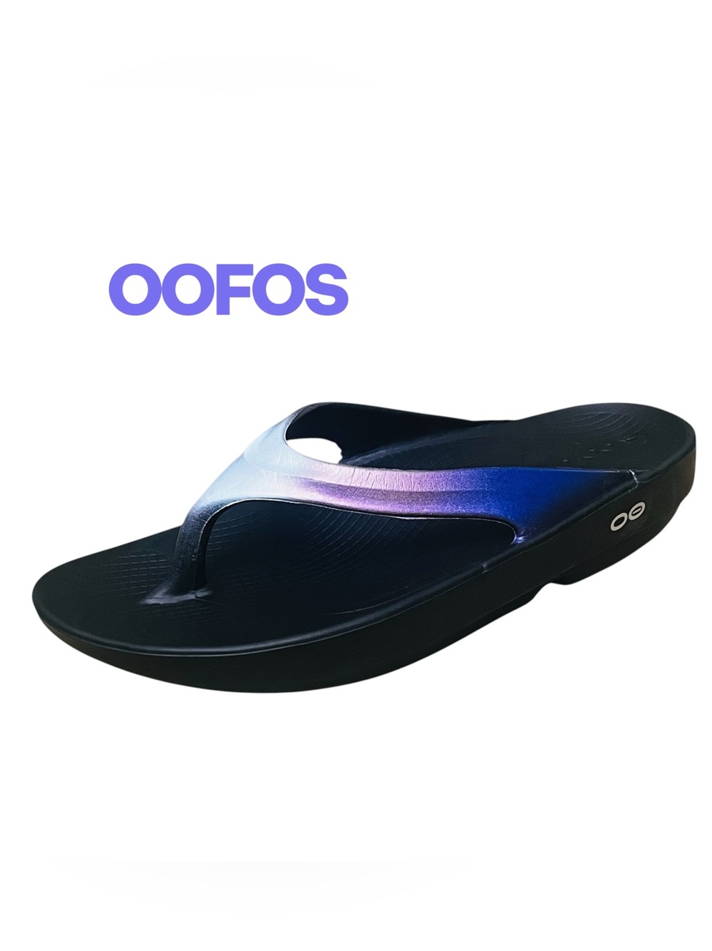 Oofos Women's OOlala Luxe Recovery Flip Flop Sandal Black Purple Metallic Sz 9
